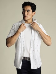 Charles Tyrwhitt White Slim Fit Ice Cream Short Sleeve Non-Iron 100% Cotton Print Shirt - Image 1 of 5