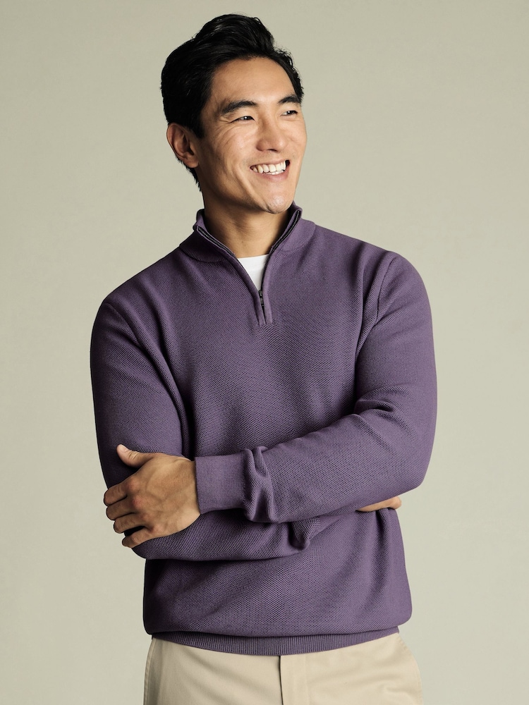 Charles Tyrwhitt Purple Honeycomb 100% Cotton Zip Neck Sweat Top - Image 1 of 5