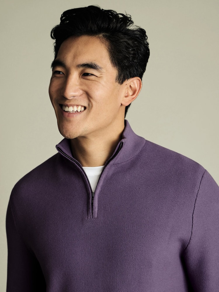 Charles Tyrwhitt Purple Honeycomb 100% Cotton Zip Neck Sweat Top - Image 2 of 5
