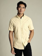 Charles Tyrwhitt Cream Slim Fit Short Sleeve Non-Iron 100% Cotton Leaf Print Shirt - Image 1 of 5