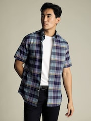 Charles Tyrwhitt Green Slim Fit Multi Check Non-Iron Stretch Poplin Slub Short Sleeve 100% Cotton Shirt - Image 1 of 5
