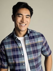 Charles Tyrwhitt Green Slim Fit Multi Check Non-Iron Stretch Poplin Slub Short Sleeve 100% Cotton Shirt - Image 2 of 5