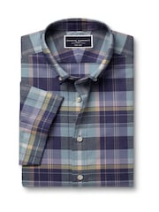 Charles Tyrwhitt Green Slim Fit Multi Check Non-Iron Stretch Poplin Slub Short Sleeve 100% Cotton Shirt - Image 3 of 5