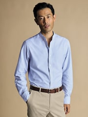 Charles Tyrwhitt Blue Classic Fit Stripe Stretch Washed Oxford Collarless 100% Cotton Shirt - Image 1 of 6