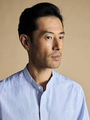 Charles Tyrwhitt Blue Classic Fit Stripe Stretch Washed Oxford Collarless 100% Cotton Shirt - Image 2 of 6