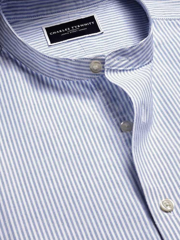 Charles Tyrwhitt Blue Classic Fit Stripe Stretch Washed Oxford Collarless 100% Cotton Shirt - Image 4 of 6