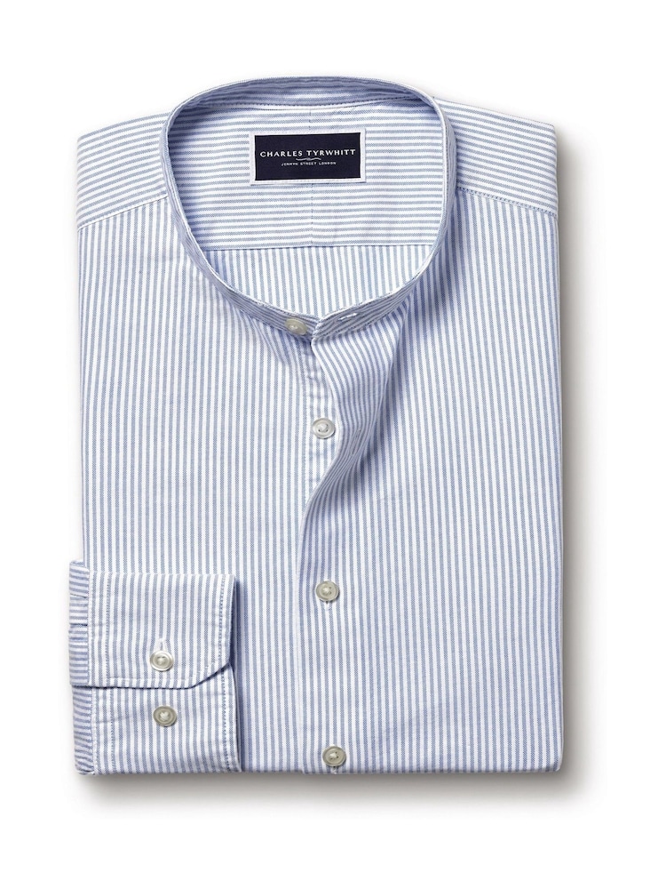 Charles Tyrwhitt Blue Classic Fit Stripe Stretch Washed Oxford Collarless 100% Cotton Shirt - Image 5 of 6