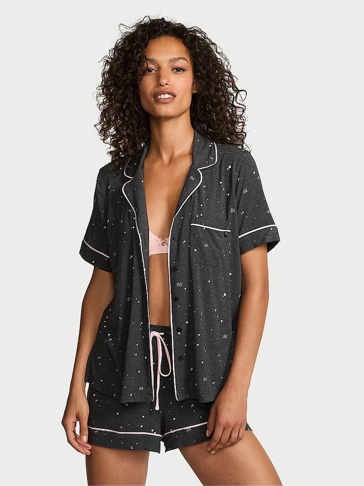Victoria's Secret Charcoal Heather Grey & Purest Pink Hearts Modal Short Pyjama Set - Image 1 of 2 Victoria's Secret Charcoal Heather Grey & Purest Pink Hearts Modal Short Pyjama Set - Image 1 of 2