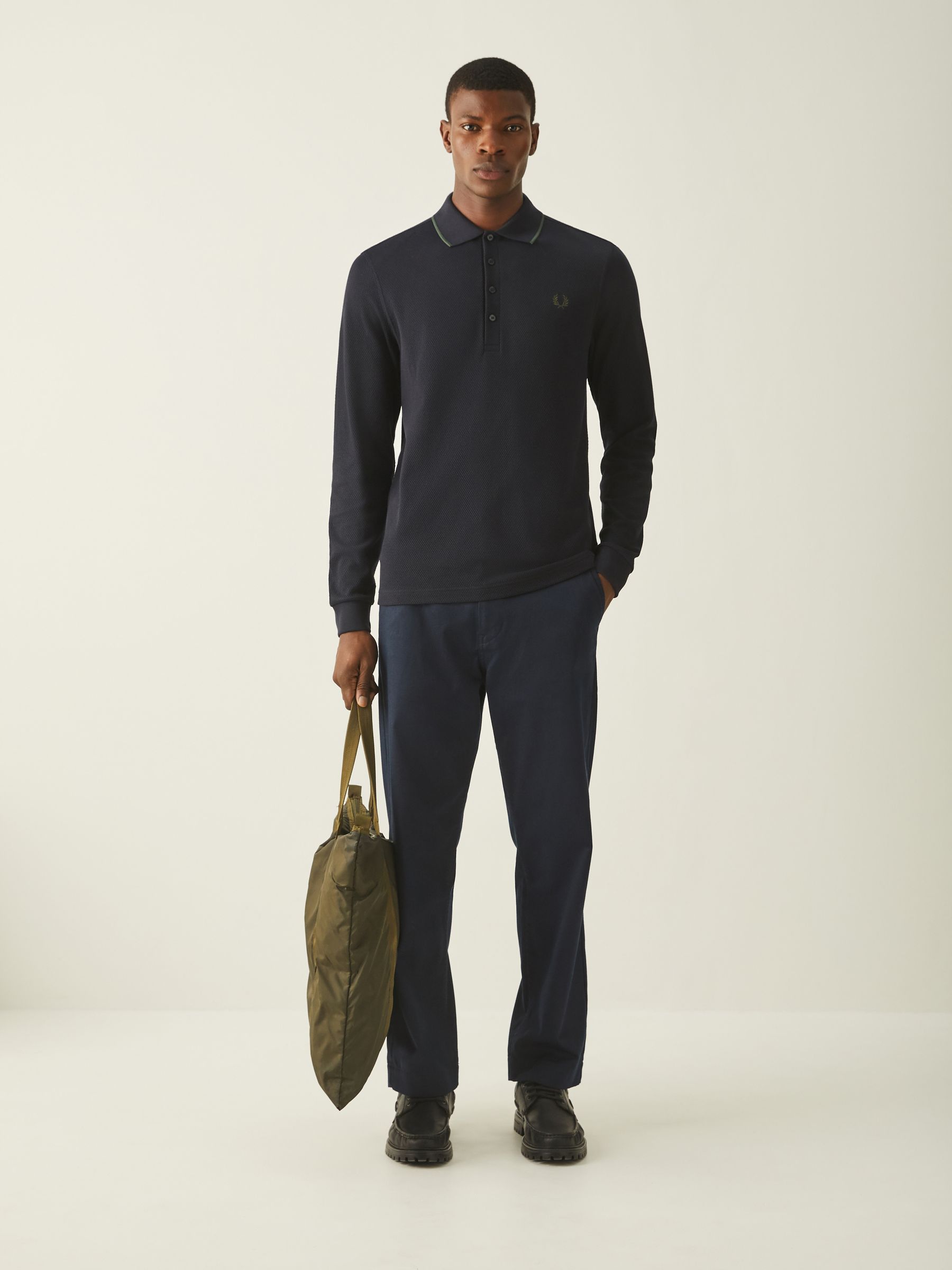 トップス Fred Perry Long Sleeve Ribbed Polo Shirt Fred Perry Cotton Knit Vertical Stripe Regular Fit Long Sleeve