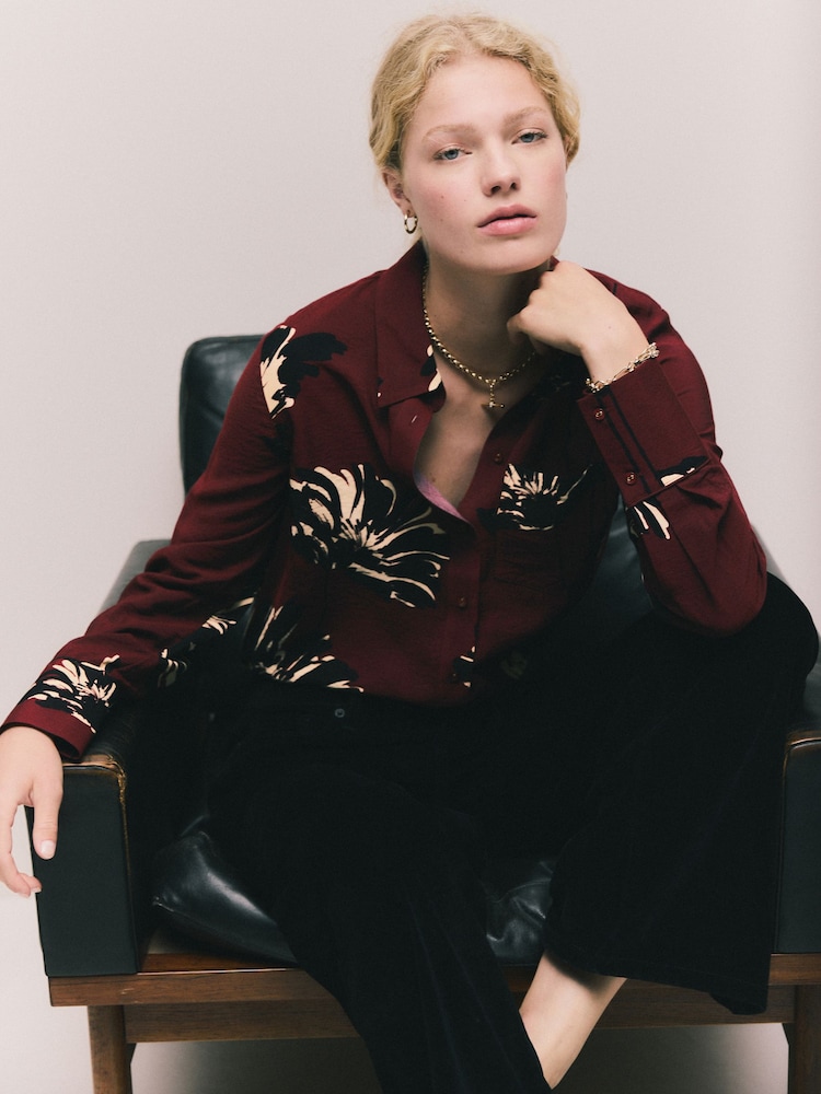 Burgundy Floral Print Long Sleeve Button Down Shirt - Image 1 of 8