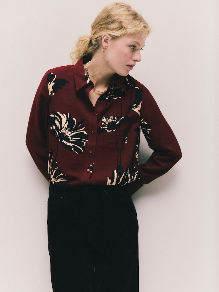 Burgundy Floral Print Long Sleeve Button Down Shirt - Image 2 of 8