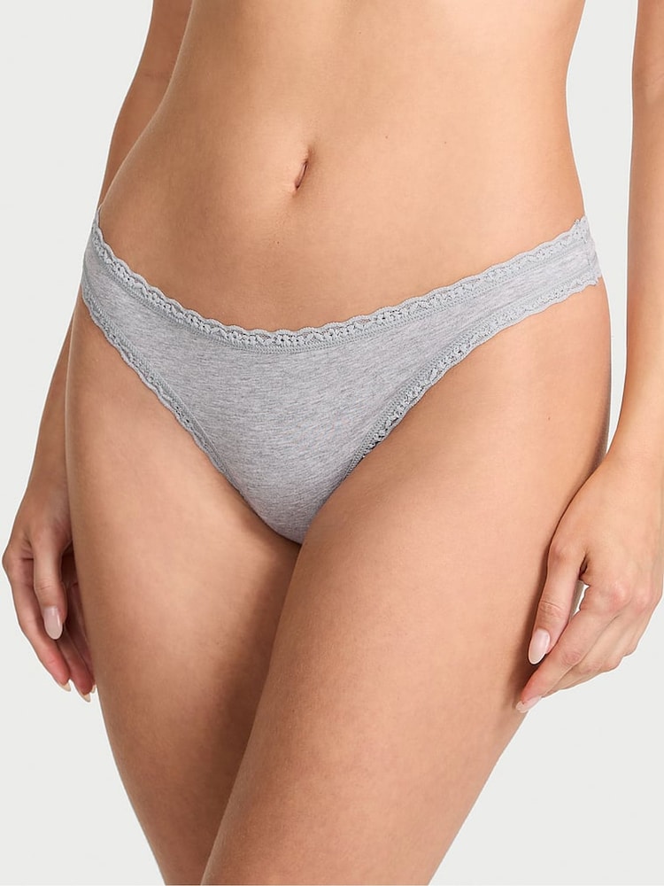 Victoria's Secret Heather Grey Thong Cotton Lace Trim Knickers - Image 1 of 3 Victoria's Secret Heather Grey Thong Cotton Lace Trim Knickers - Image 1 of 3