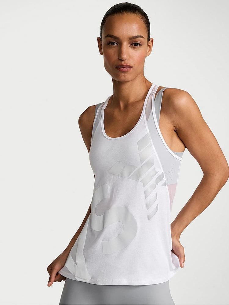 Victoria's Secret Graphic White Racerback Mesh Tank Top - Image 1 of 2 Victoria's Secret Graphic White Racerback Mesh Tank Top - Image 1 of 2