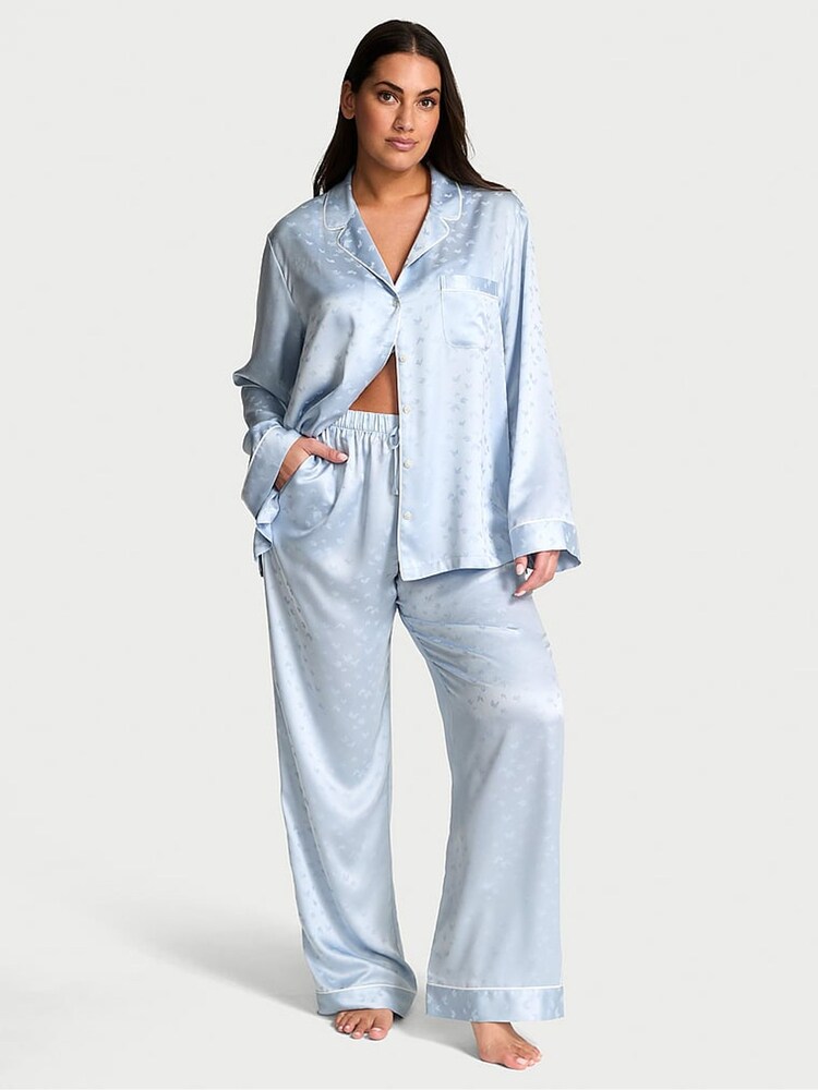 Victoria's Secret Palest Blue Butterfly Satin Long Pyjamas Set - Image 1 of 3