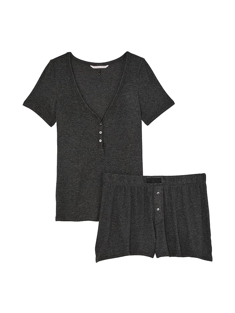 Victoria's Secret Heather Charcoal Grey Modal Rib Henley Short Sleeve Set - Image 3 of 3 Victoria's Secret Heather Charcoal Grey Modal Rib Henley Short Sleeve Set - Image 3 of 3