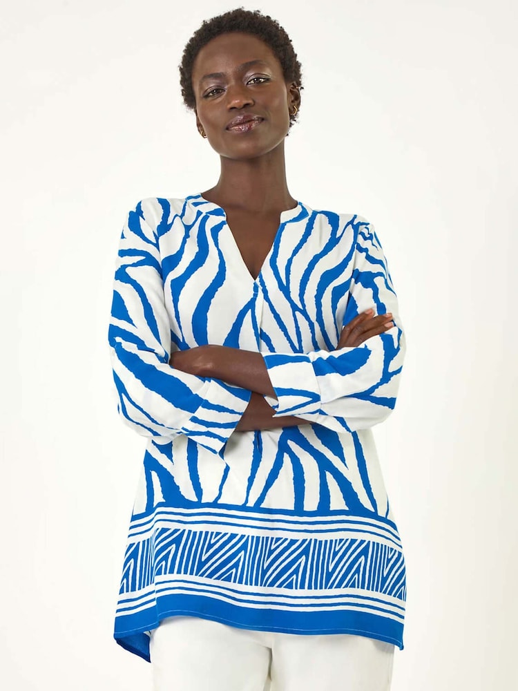 Roman Blue Abstract Print Border Pleat Blouse - Image 1 of 5