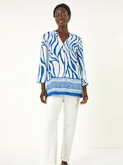 Roman Blue Abstract Print Border Pleat Blouse - Image 2 of 5