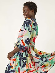 Roman Green Abstract Print Button 100% Cotton Shirt Dress - Image 1 of 5