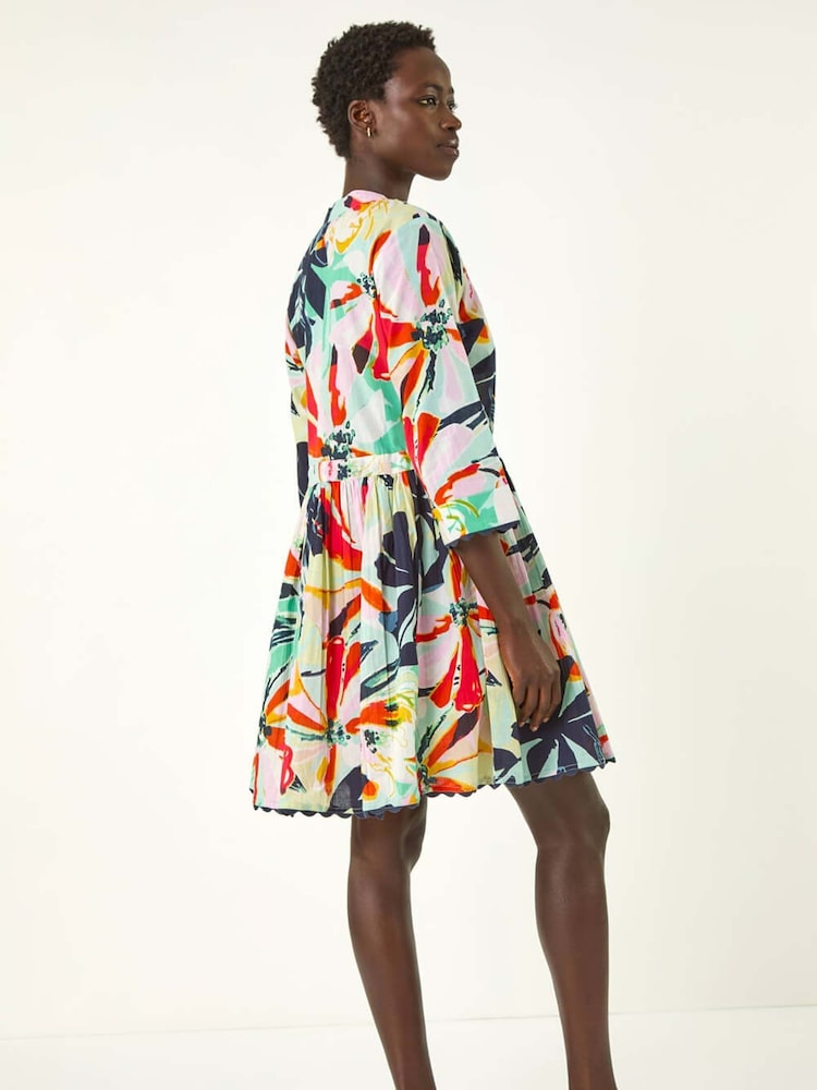 Roman Green Abstract Print Button 100% Cotton Shirt Dress - Image 3 of 5
