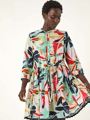 Roman Green Abstract Print Button 100% Cotton Shirt Dress - Image 4 of 5