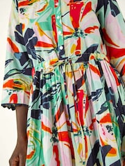 Roman Green Abstract Print Button 100% Cotton Shirt Dress - Image 5 of 5