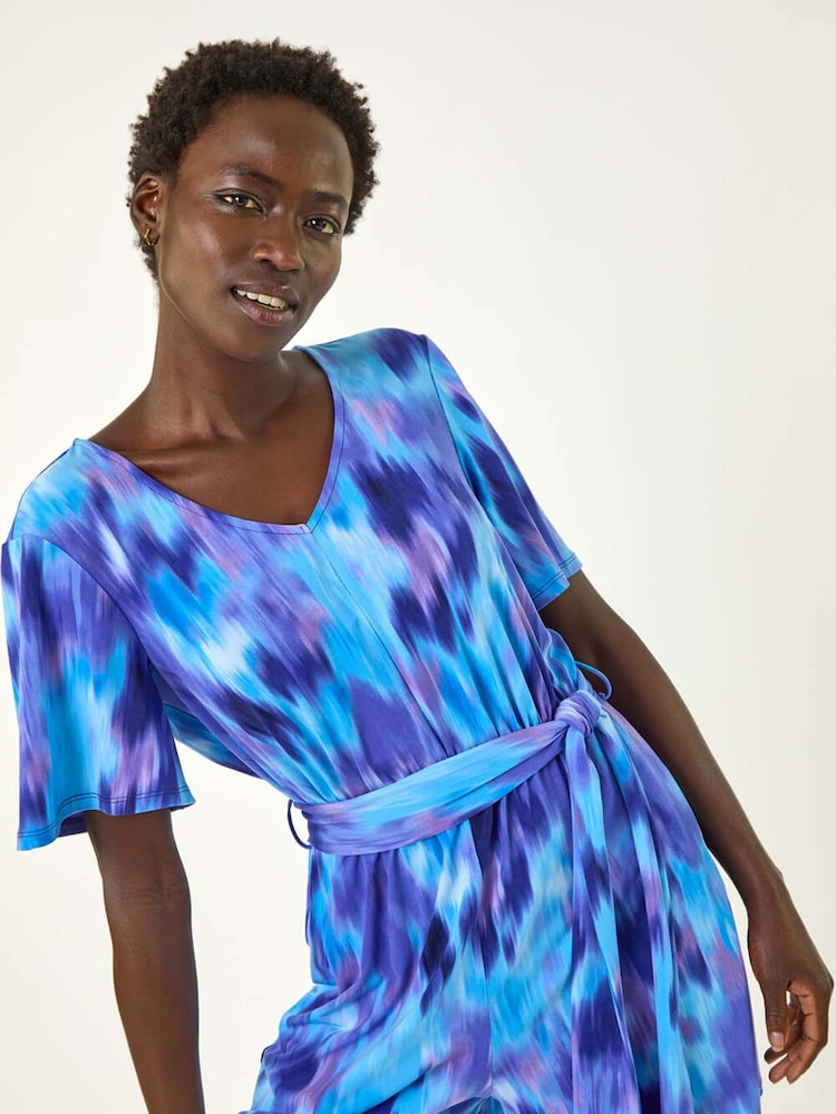 Roman Purple Abstract Belted Playsuit - Image 1 of 5