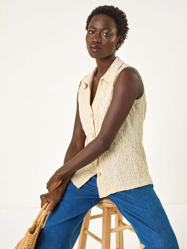 White - Roman Textured Sleeveless Buttoned Blouse - Image 1 of 5
