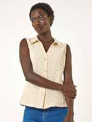 White - Roman Textured Sleeveless Buttoned Blouse - Image 4 of 5
