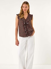 Roman Black Floral Print Ruffle Front Vest Top - Image 2 of 5