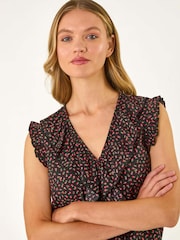 Roman Black Floral Print Ruffle Front Vest Top - Image 4 of 5