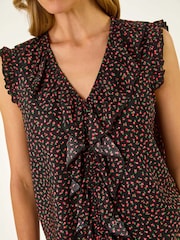Roman Black Floral Print Ruffle Front Vest Top - Image 5 of 5