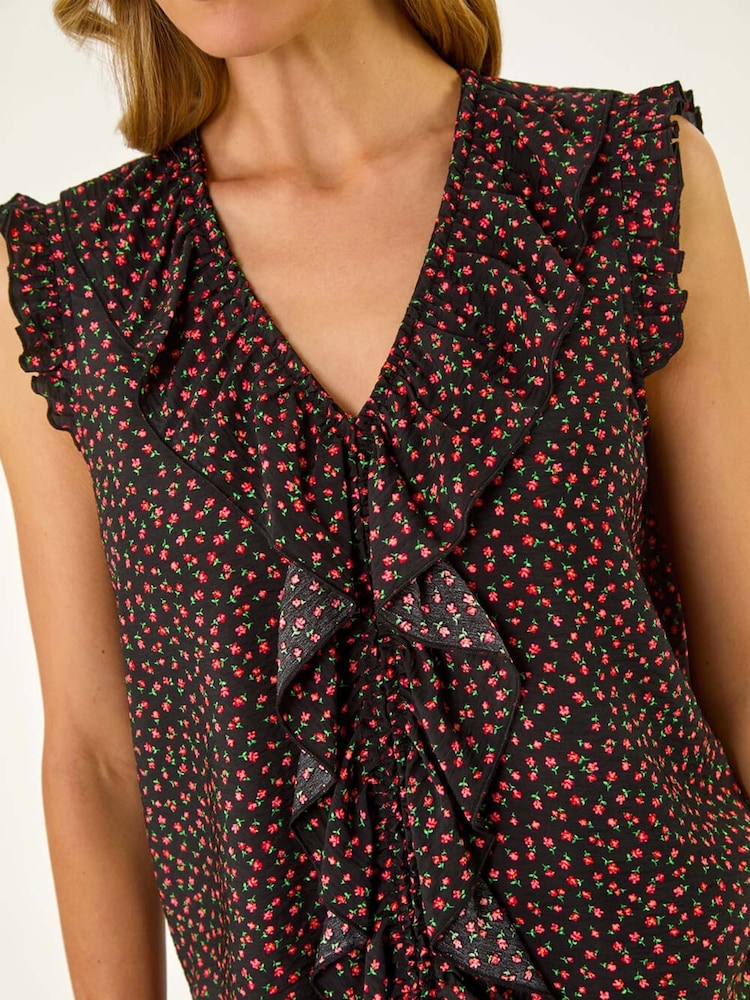 Roman Black Floral Print Ruffle Front Vest Top - Image 5 of 5