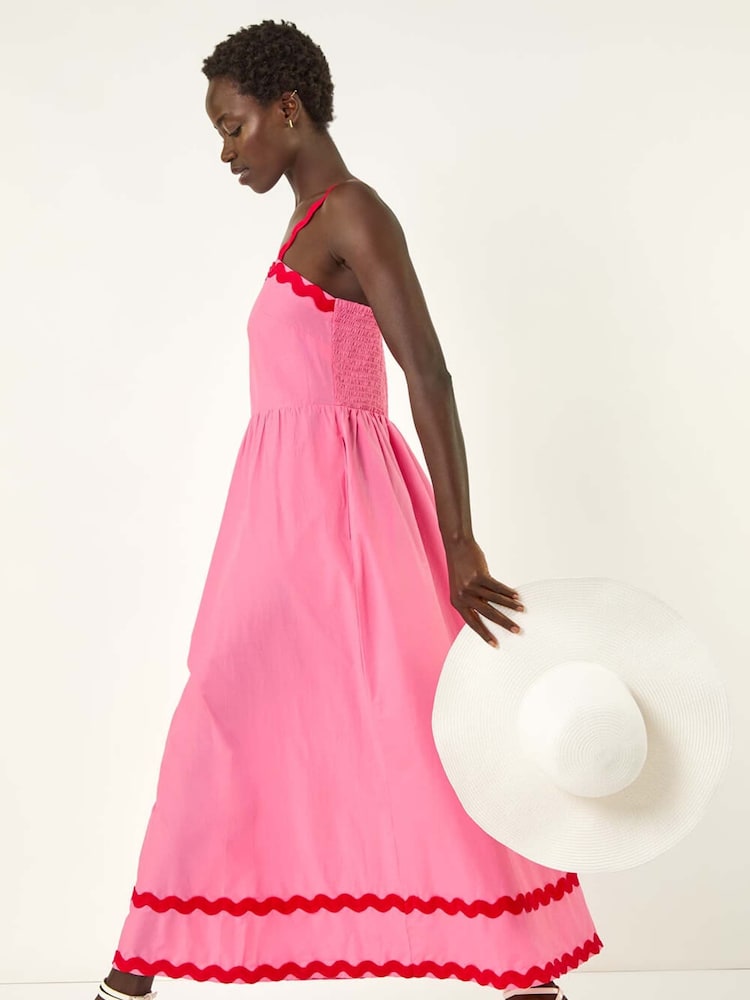 Roman Pink Contrast Ric Rac 100% Cotton Midi Dress - Image 1 of 5