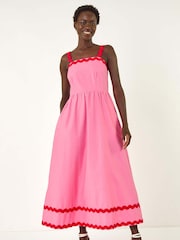 Roman Pink Contrast Ric Rac 100% Cotton Midi Dress - Image 2 of 5