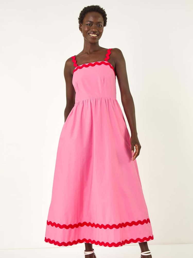 Roman Pink Contrast Ric Rac 100% Cotton Midi Dress - Image 2 of 5