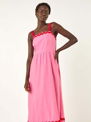 Roman Pink Contrast Ric Rac 100% Cotton Midi Dress - Image 4 of 5