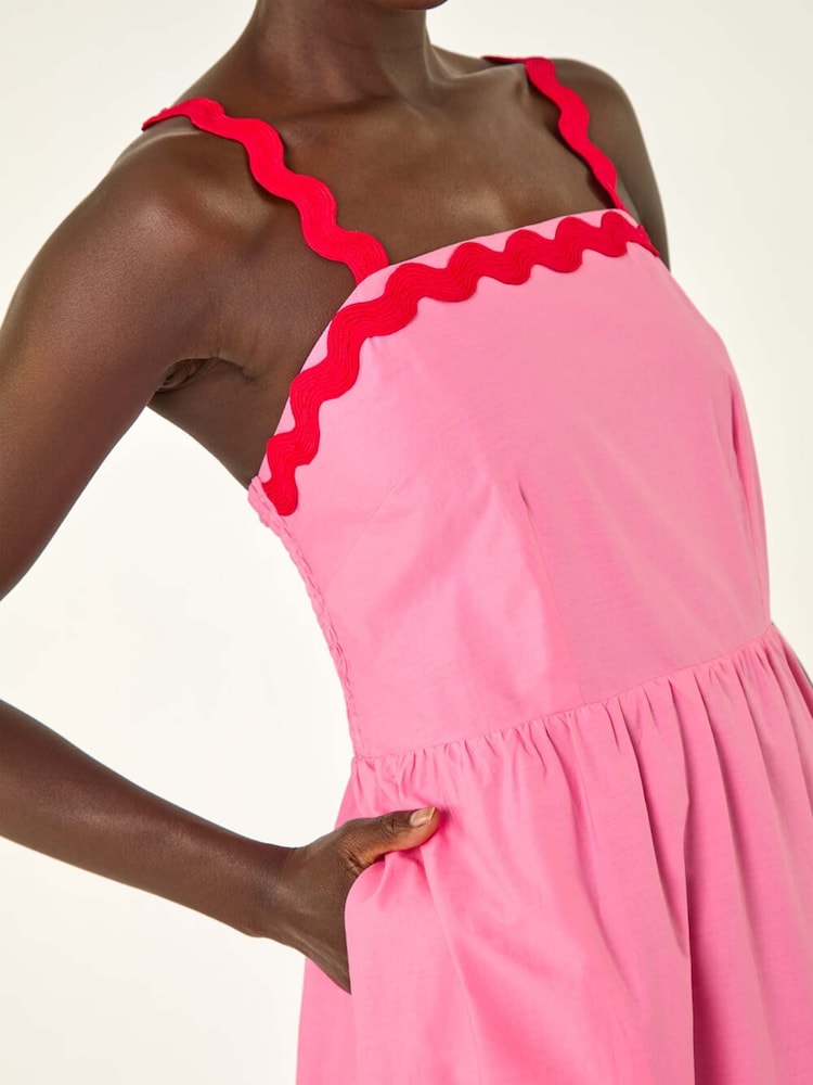 Roman Pink Contrast Ric Rac 100% Cotton Midi Dress - Image 5 of 5