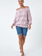 Roman Pink Lace Insert Frill Bardot Top - Image 1 of 5