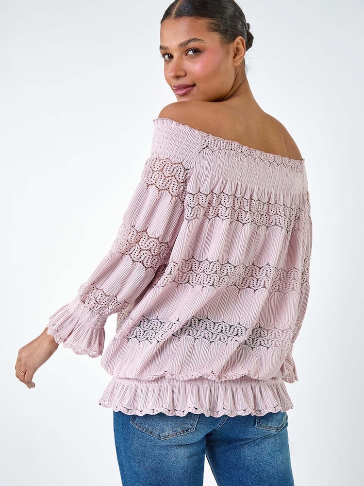 Roman Pink Lace Insert Frill Bardot Top - Image 2 of 5