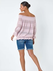 Roman Pink Lace Insert Frill Bardot Top - Image 3 of 5
