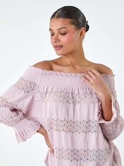Roman Pink Lace Insert Frill Bardot Top - Image 4 of 5
