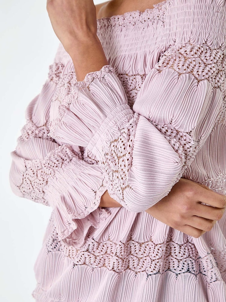Roman Pink Lace Insert Frill Bardot Top - Image 5 of 5