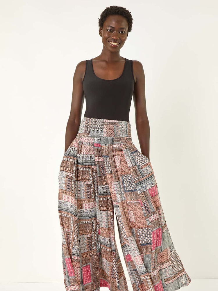 Roman Pink Patchwork Wide Leg Palazzo Trousers - Image 2 of 5