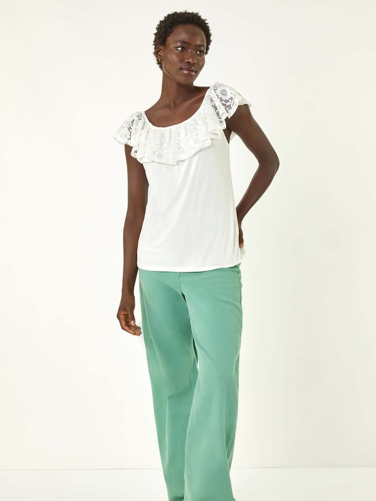 Roman White Lace Trim Bardot Top - Image 2 of 5