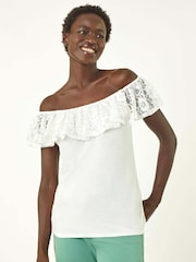 Roman White Lace Trim Bardot Top - Image 4 of 5