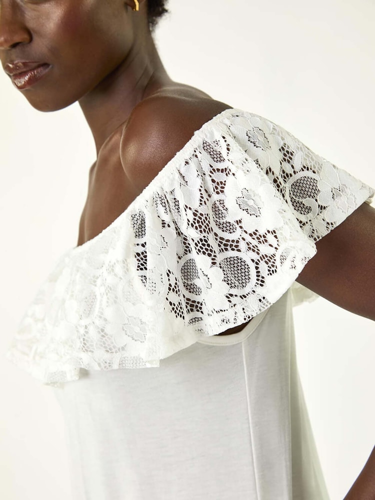 Roman White Lace Trim Bardot Top - Image 5 of 5