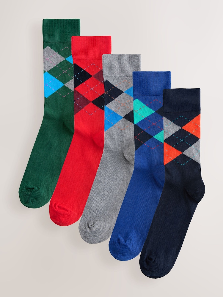 Blue/Orange/Green Argyle - Gemusterte Socken, 5er-Pack - Bild 1 von 8 Blue/Orange/Green Argyle - Gemusterte Socken, 5er-Pack - Bild 1 von 8