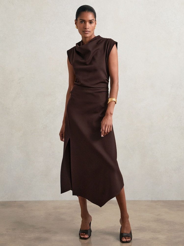 Reiss Burgundy Harlan Twill Jersey Draped Midi Dress - Image 1 of 6