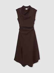 Reiss Burgundy Harlan Twill Jersey Draped Midi Dress - Image 2 of 6