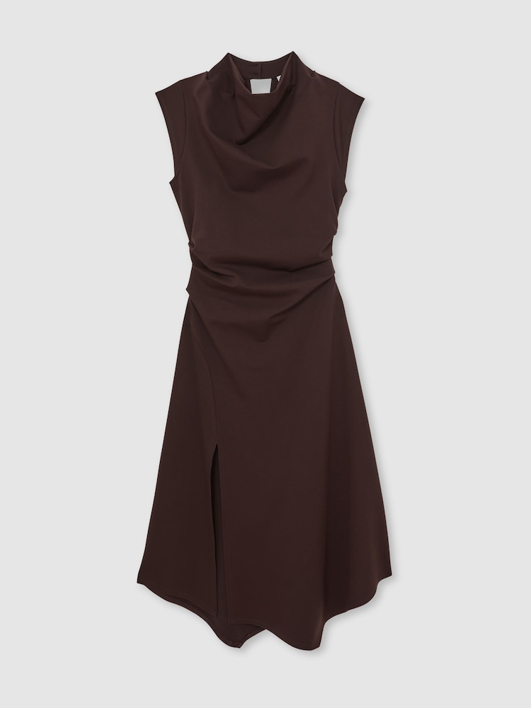 Reiss Burgundy Harlan Twill Jersey Draped Midi Dress - Image 2 of 6